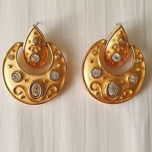 Etrusian Revival Pierced Earrings Doorknockers Matte Gold Crystals,Vintage '80s.
